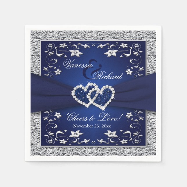 Navy Blue, Silver Gray Floral Paper Wedkin Napkin Serviette (Vorderseite)