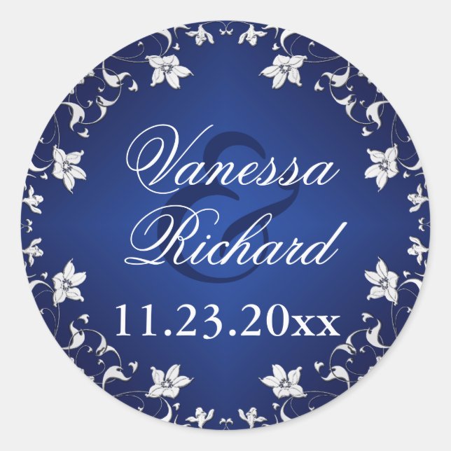 Navy Blue, Silver Gray Floral Wedding Sticker (Vorderseite)