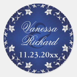 Navy Blue, Silver Gray Floral Wedding Sticker