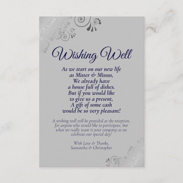 Navy Blue & Silver Gray Wedding wünscht gutes Gedi Begleitkarte (Vorderseite)