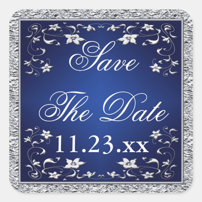 Navy Blue Silver Grey Floral Économisez Le Sticker (Devant)