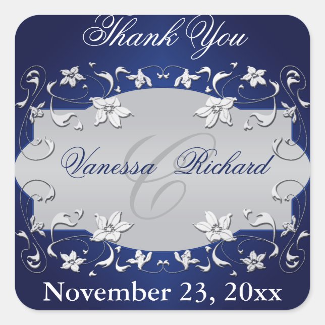 Navy Blue Silver Grey Floral Gastgeschenk Hochzeit Quadratischer Aufkleber (Vorderseite)