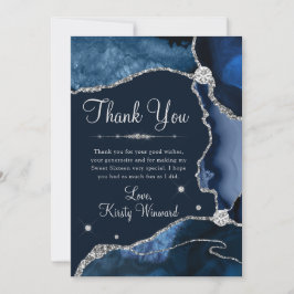 Navy Blue & Silver Imitats Glitzer Agate Sweet 16 Dankeskarte