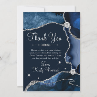 Navy Blue & Silver Imitats Glitzer Agate Sweet 16 Dankeskarte