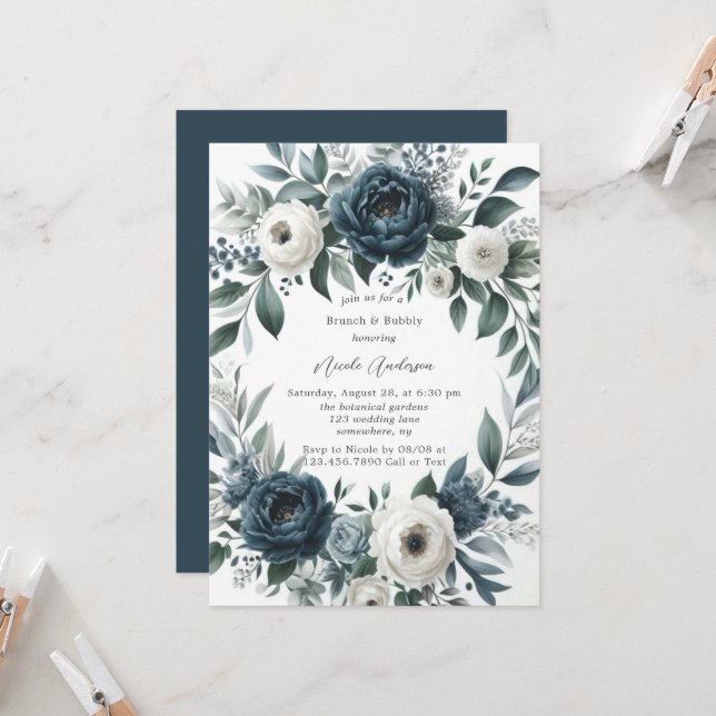 Navy Blue & Silver Ivory Blumenbrunch & Bubbly Einladung (Vorderseite/Rückseite Beispiel)