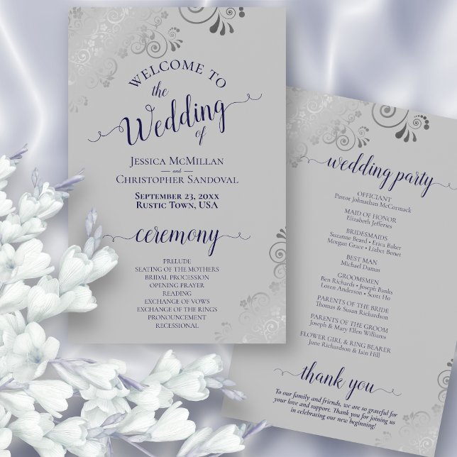 Navy Blue Silver Lace Budget Gray Wedding Program (Front and Back)