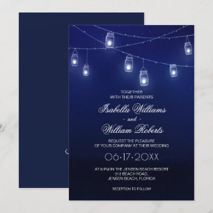 Navy Blue & Silver Mason Jar String Lights Hochzei Einladung