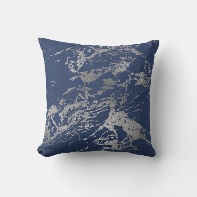 Navy Blue Silver Metallic Foil Marmorgestein Kissen (Vorderseite)