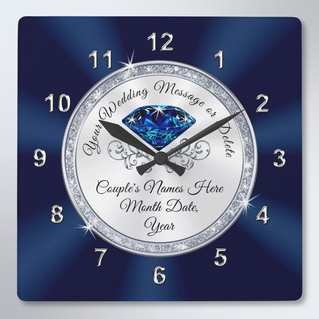 Navy Blue, Silver Personalisiert Hochzeitsuhr Quadratische Wanduhr (Navy Blue and Silver Wedding Clock. Spinel anniversary gifts. Personalised wedding clocks. )