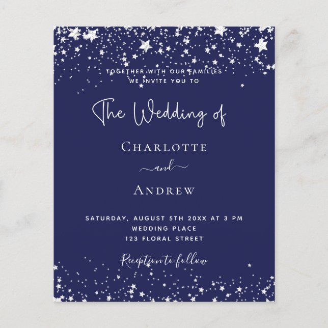 Navy Blue Silver Stars Budget Hochzeit Einladung Flyer (Vorne)