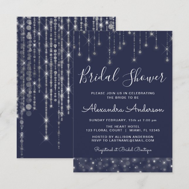 Navy Blue Silver String Lights Brautparty Einladung (Vorne/Hinten)