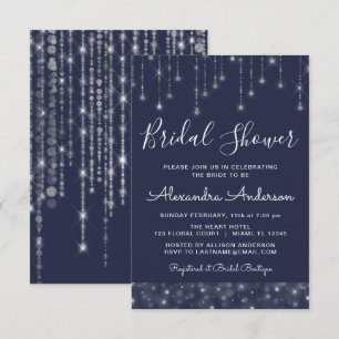 Navy Blue Silver String Lights Brautparty Einladung