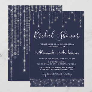 Navy Blue Silver String Lights Brautparty Einladung
