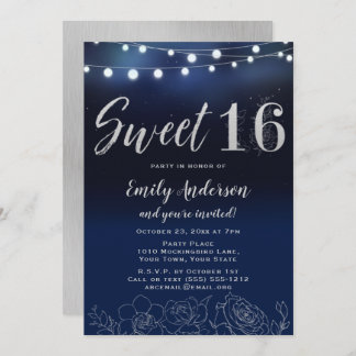 Navy Blue Silver String Lights Floral Sweet 16 Einladung