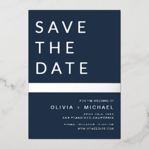 Navy Blue Silver Stripe Save the Date Elegant Folieneinladung