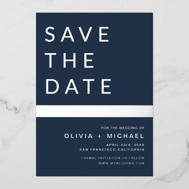 Navy Blue Silver Stripe Save the Date Elegant Folieneinladung (Vorderseite)