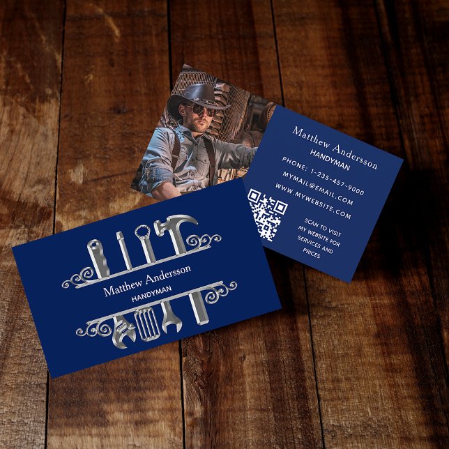 Navy Blue Silver Tools Zuhause repariert Foto QR C Visitenkarte (Von Creator hochgeladen)