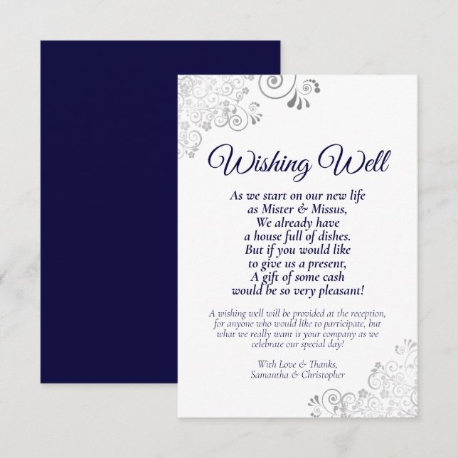 Navy Blue & Silver White Wedding wünscht gutes Ged Begleitkarte (Vorne/Hinten)