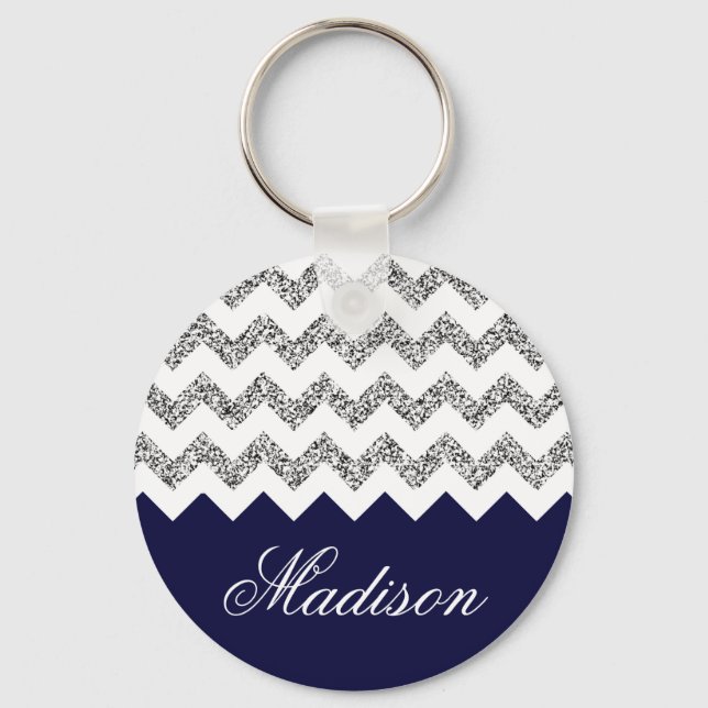 Navy Blue Silvery Glitzer Zickzack Muster Schlüsselanhänger (Vorderseite)
