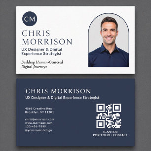 Navy Blue Simple Beruflich QR Code Foto Visitenkarte