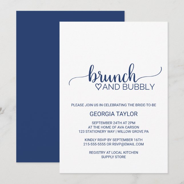 Navy Blue Simple Calligraphy Brunch and Bubbly Einladung (Vorne/Hinten)