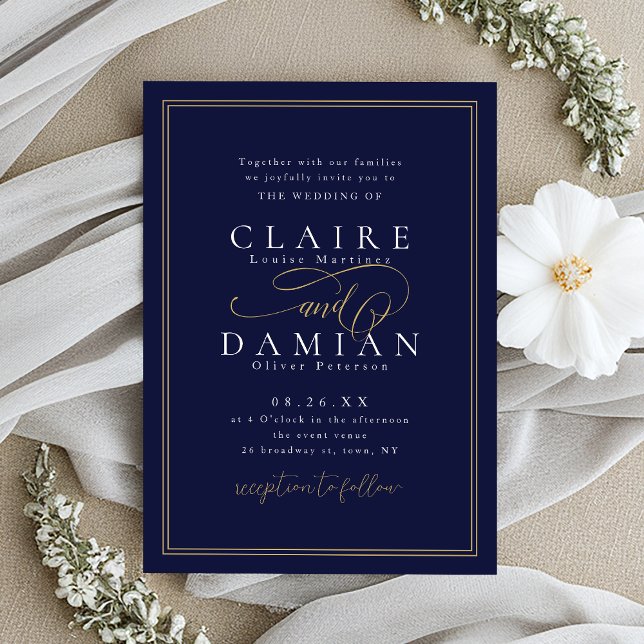 Navy Blue Simple Elegance Romantische Script Hochz Einladung (Navy Blue Simple Elegance Romantic Script Wedding Invitation)