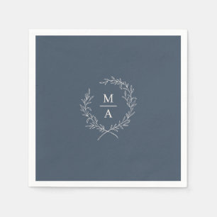 Navy Blue Simple Elegant Laurel Wreath Monogram Serviette