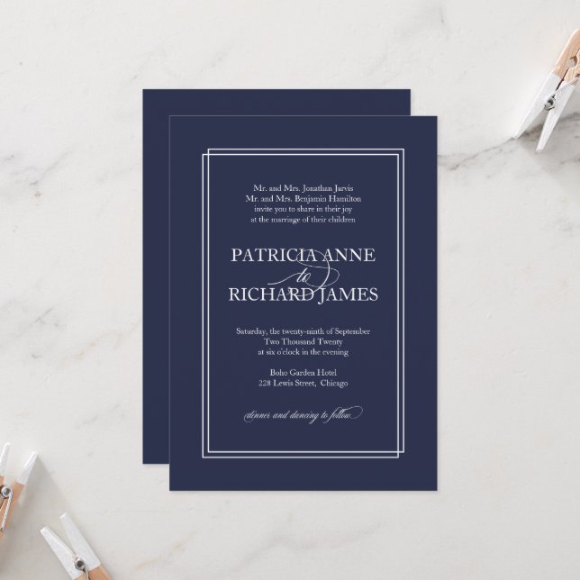 Navy Blue Simple Elegante Formal Hochzeit Einladun Einladung (Vorderseite/Rückseite Beispiel)