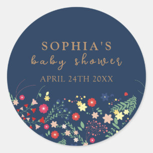 Navy Blue Simple Elegante Wildblume Baby Shower Runder Aufkleber