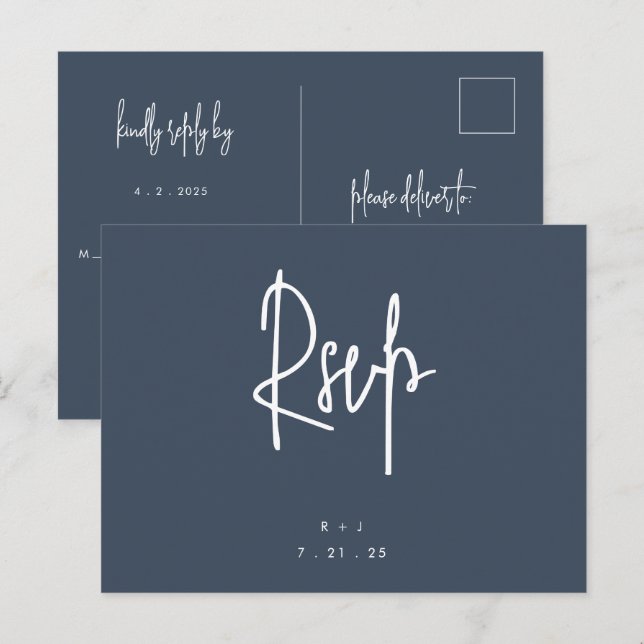 Navy Blue Simple Lettering Wedding RSVP Postcard Postkarte (Vorne/Hinten)
