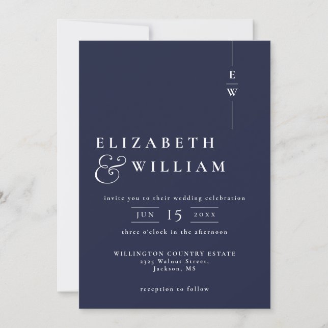 Navy Blue Simple Modern Elegante Monogram Wedding Einladung (Vorderseite)