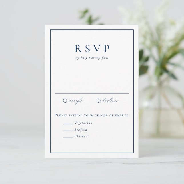 Navy Blue Simple Typografy Formal Wedding RSVP Karte (Stehend Vorderseite)