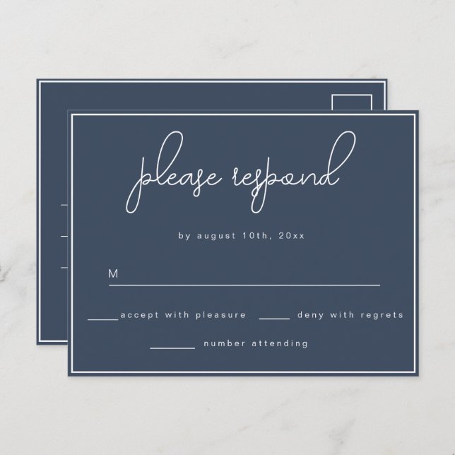Navy Blue Simple Wedding RSVP Response Postcard Postkarte (Vorne/Hinten)