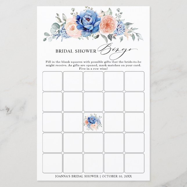 Navy Blue Slate Dusty Blush Brautparty Bingo (Vorderseite)