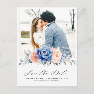 Navy Blue Slate Dusty Blush Floral Save the Date Postkarte