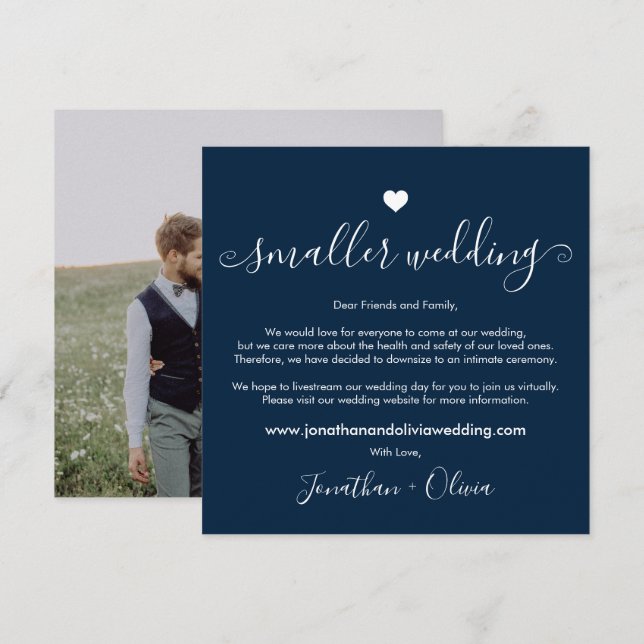 Navy Blue Smaller Wedding Foto Downsize Wedding Ankündigung (Vorne/Hinten)