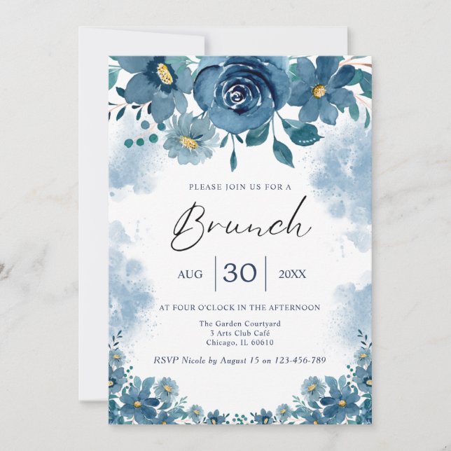 Navy Blue Smoke Floral Brunch Invite Einladung (Vorderseite)
