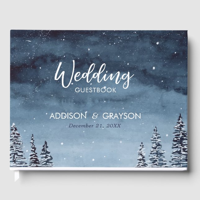 Navy Blue Snow Winter Wonderland | Gästebuch (Vorderseite)