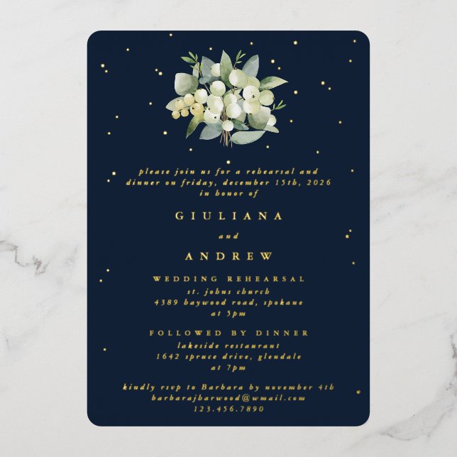 Navy Blue Snowberry+Eucalyptus Wedding Probe Folieneinladung (Vorderseite)
