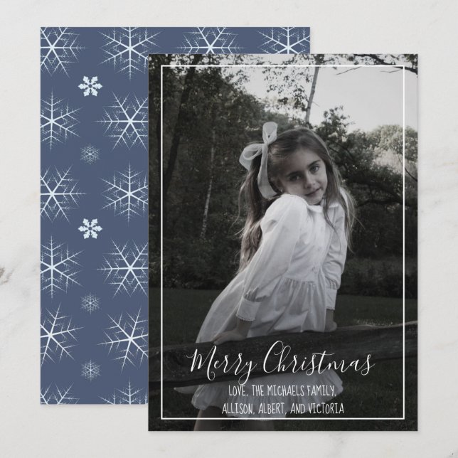 Navy Blue Snowflacon Christmas Carte photo 1 Photo (Devant / Derrière)