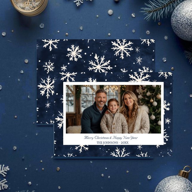 Navy Blue Snowflake Weihnachts-Foto Feiertagskarte (Navy Blue Snowflake Christmas Photo Holiday Card)