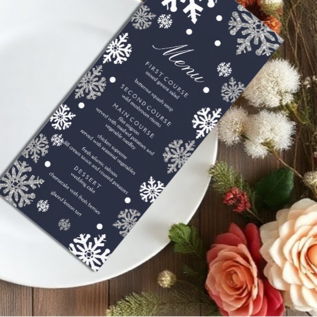 Navy Blue Snowflakes Winter Wedding Menükarte (Von Creator hochgeladen)