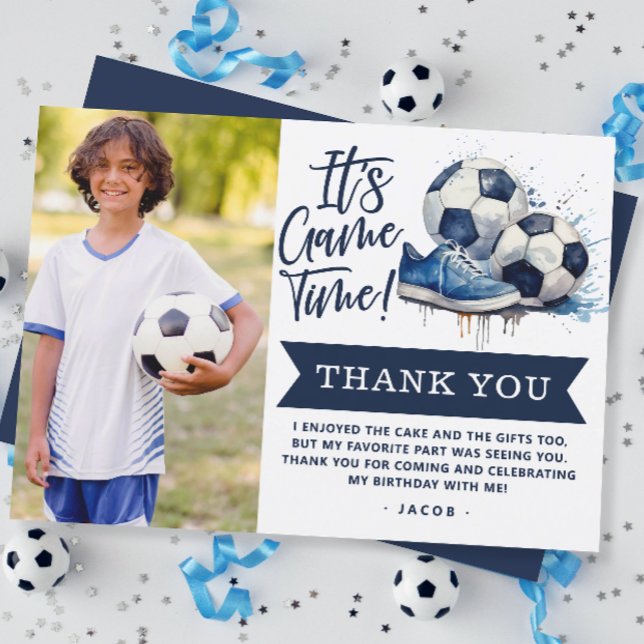 Navy Blue Soccer Kids Watercolor Foto Dankeskarte (Von Creator hochgeladen)