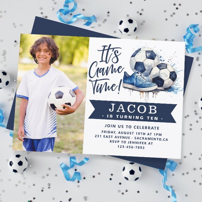 Navy Blue Soccer Kids Watercolor Foto Einladung (Von Creator hochgeladen)