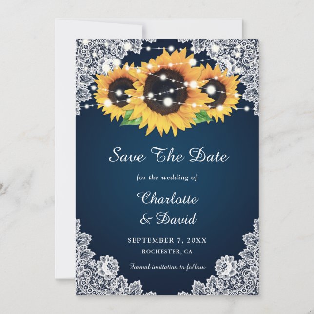 Navy Blue Sonnenblume speichern die Datumskarten Save The Date (Vorderseite)