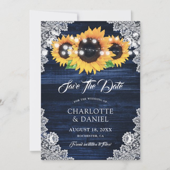 Navy Blue Sonnenblume speichern die Datumskarten Save The Date (Vorderseite)