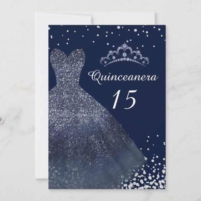 Navy Blue Sparkle Gown Dress Quinceanera Party Einladung (Vorderseite)