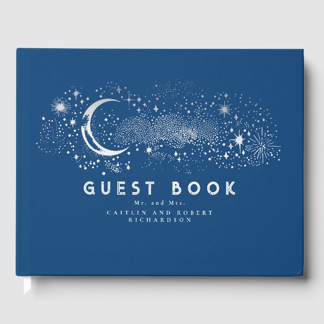 Navy Blue Stars Moon Night Sky Mariage Livre d'or (Recto)