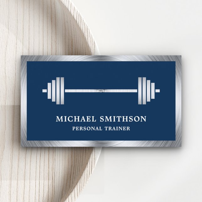 Navy Blue Steel Barbell Fitness Personal Trainer Visitenkarte (Von Creator hochgeladen)