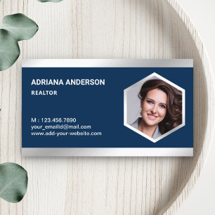 Navy Blue Steel Silver Real Anwesen Foto Realtor Visitenkarte